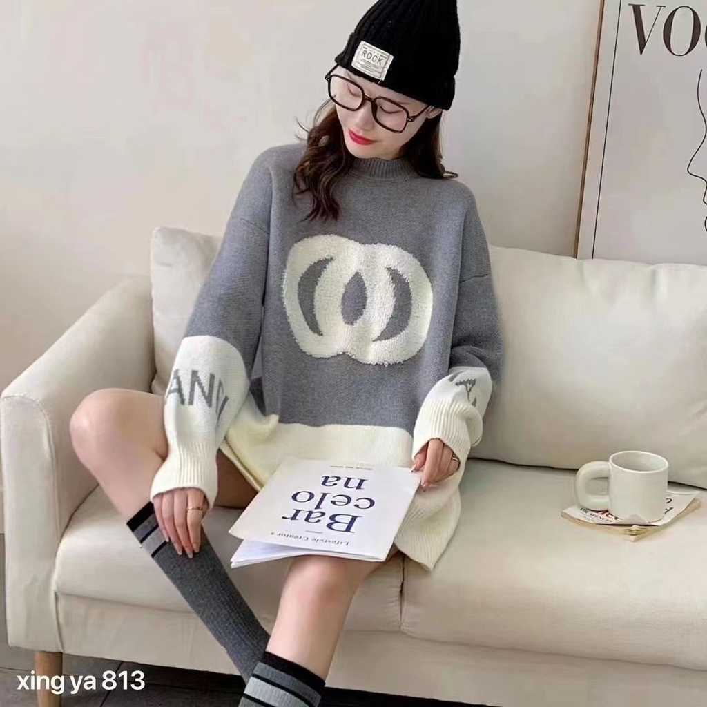 Jiashucheng Áo Sweater Dáng Rộng Dài Đến Giữa Bắp Chân Mềm Mại Màu Tương Phản Phong Cách Mới Mùa Thu Đông