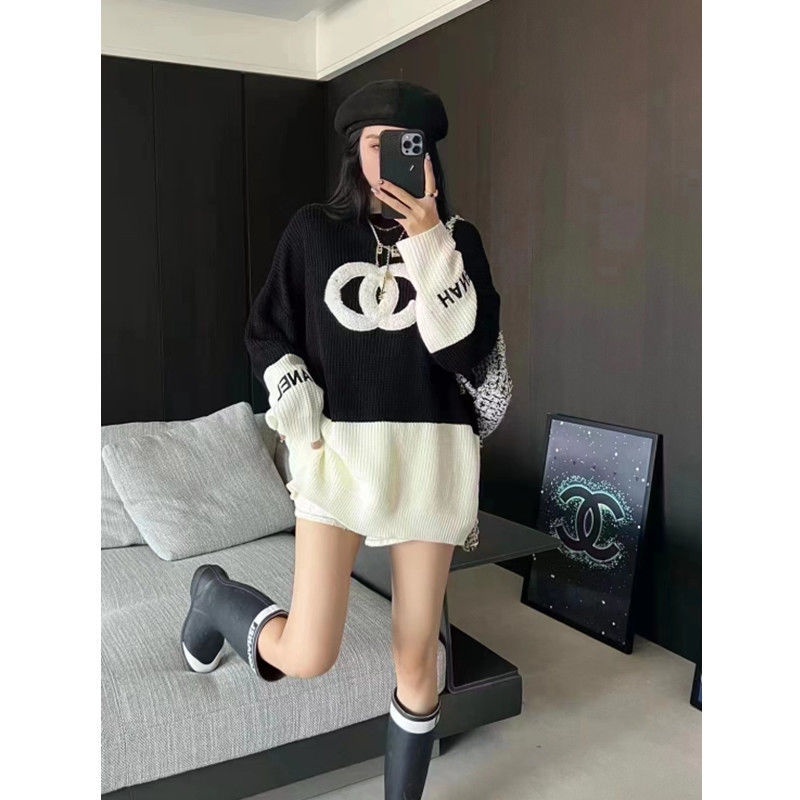 Jiashucheng Áo Sweater Dáng Rộng Dài Đến Giữa Bắp Chân Mềm Mại Màu Tương Phản Phong Cách Mới Mùa Thu Đông