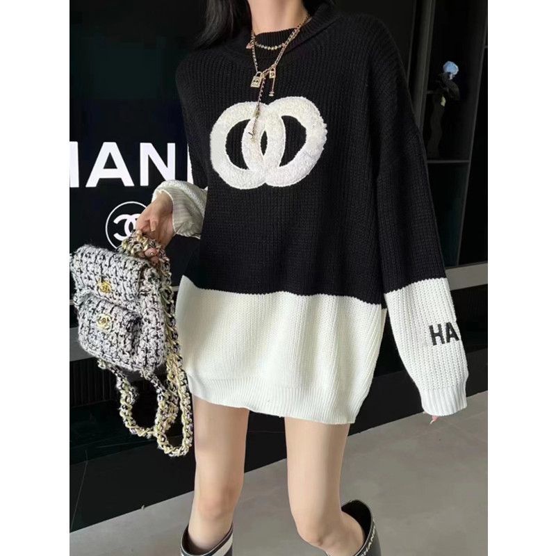 Jiashucheng Áo Sweater Dáng Rộng Dài Đến Giữa Bắp Chân Mềm Mại Màu Tương Phản Phong Cách Mới Mùa Thu Đông