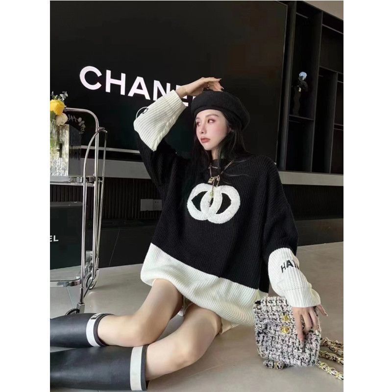 Jiashucheng Áo Sweater Dáng Rộng Dài Đến Giữa Bắp Chân Mềm Mại Màu Tương Phản Phong Cách Mới Mùa Thu Đông
