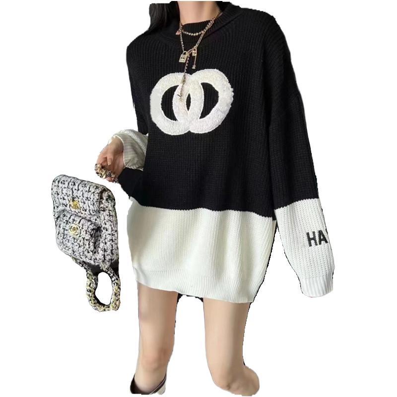 Jiashucheng Áo Sweater Dáng Rộng Dài Đến Giữa Bắp Chân Mềm Mại Màu Tương Phản Phong Cách Mới Mùa Thu Đông