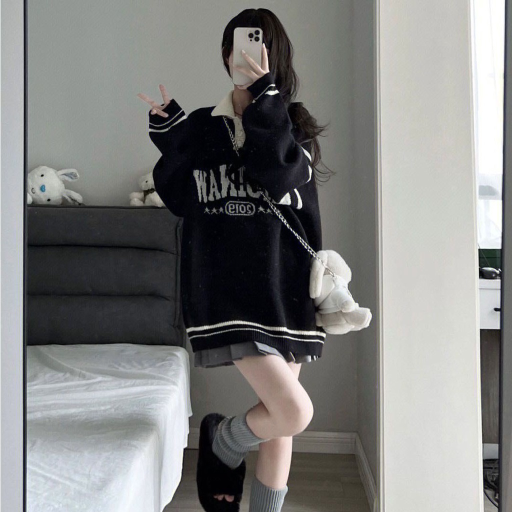 Jiashucheng Áo Sweater polo Dệt Kim Kẻ Sọc Dáng Rộng Phong Cách Retro Mỹ Thời Trang Thu Đông Dành Cho Nữ