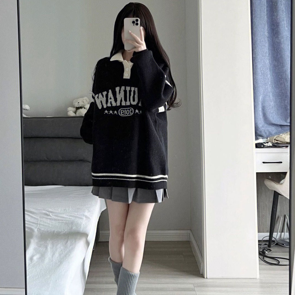 Jiashucheng Áo Sweater polo Dệt Kim Kẻ Sọc Dáng Rộng Phong Cách Retro Mỹ Thời Trang Thu Đông Dành Cho Nữ