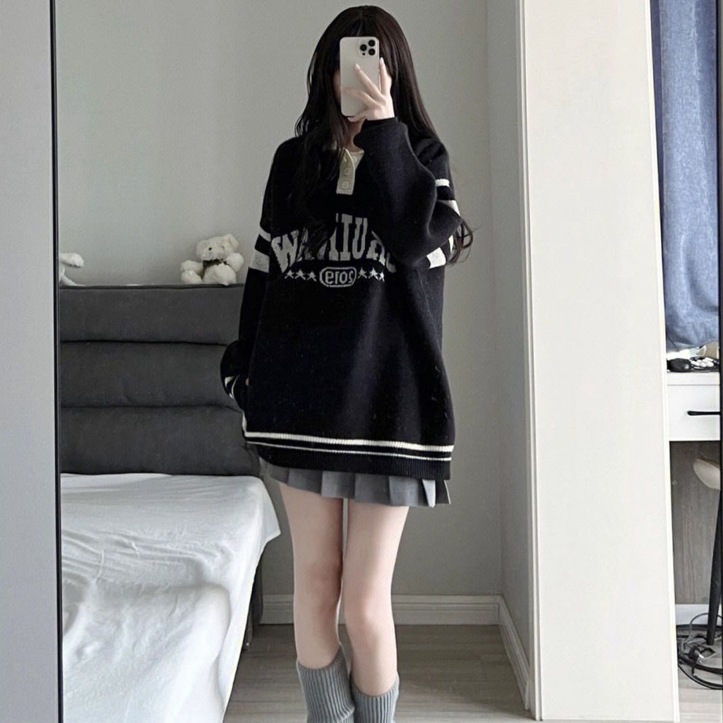 Jiashucheng Áo Sweater polo Dệt Kim Kẻ Sọc Dáng Rộng Phong Cách Retro Mỹ Thời Trang Thu Đông Dành Cho Nữ