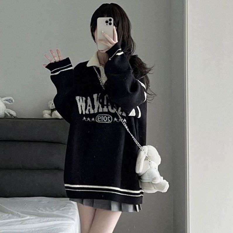 Jiashucheng Áo Sweater polo Dệt Kim Kẻ Sọc Dáng Rộng Phong Cách Retro Mỹ Thời Trang Thu Đông Dành Cho Nữ