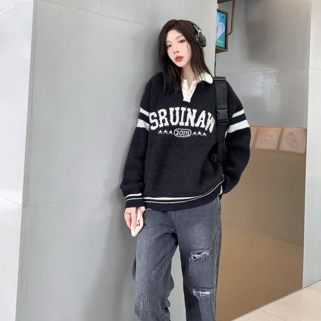 Jiashucheng Áo Sweater polo Dệt Kim Kẻ Sọc Dáng Rộng Phong Cách Retro Mỹ Thời Trang Thu Đông Dành Cho Nữ