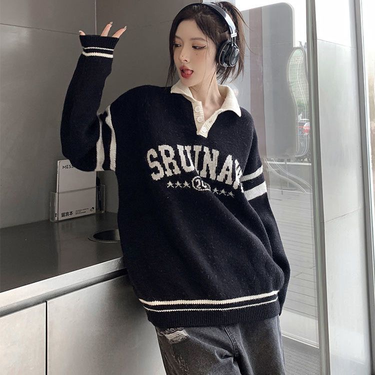 Jiashucheng Áo Sweater polo Dệt Kim Kẻ Sọc Dáng Rộng Phong Cách Retro Mỹ Thời Trang Thu Đông Dành Cho Nữ