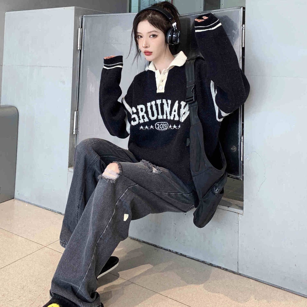 Jiashucheng Áo Sweater polo Dệt Kim Kẻ Sọc Dáng Rộng Phong Cách Retro Mỹ Thời Trang Thu Đông Dành Cho Nữ