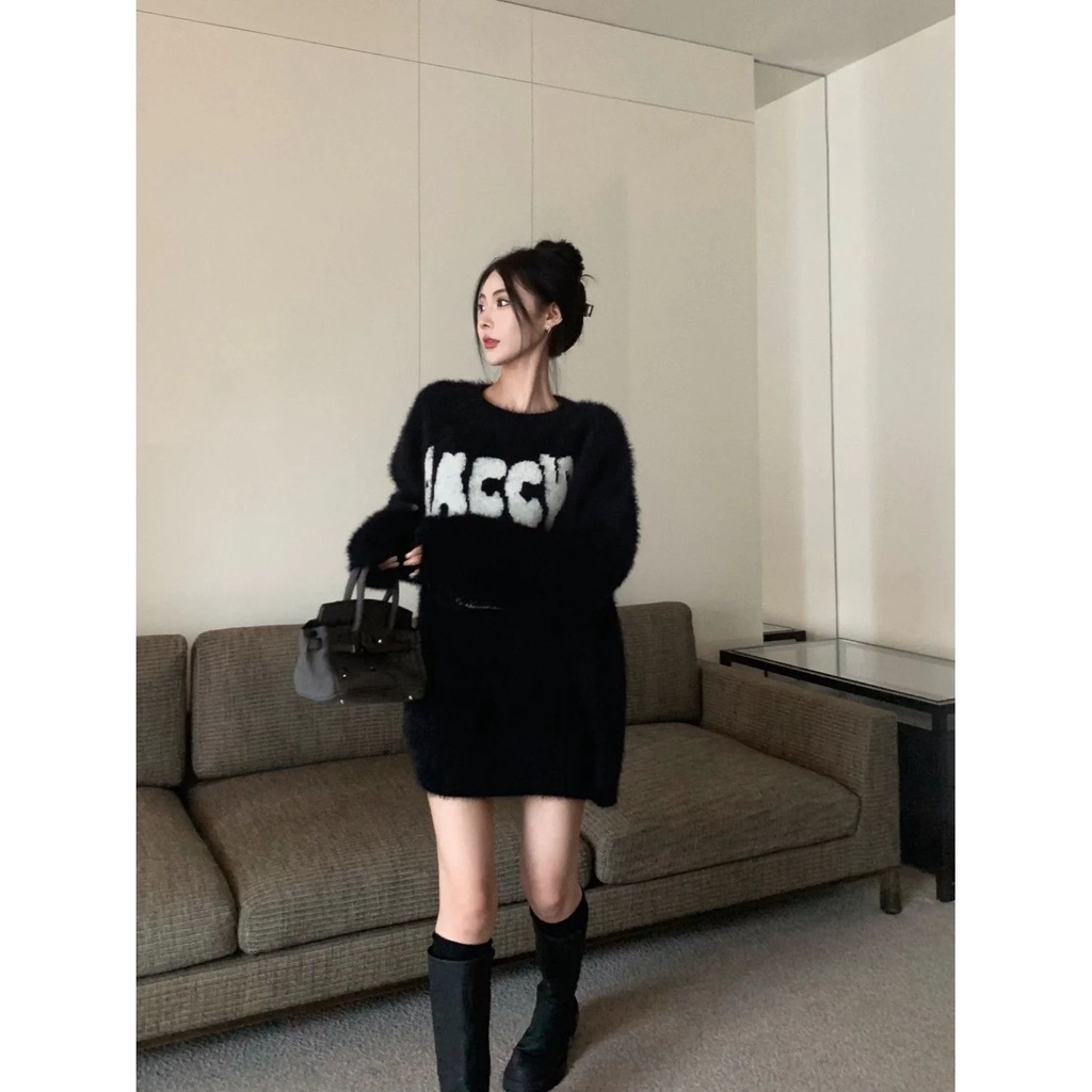 Jiashucheng Áo Sweater Dáng Rộng Mềm Mại In Chữ Phong Cách Hàn Quốc Thời Trang Thu Đông Cho Nữ