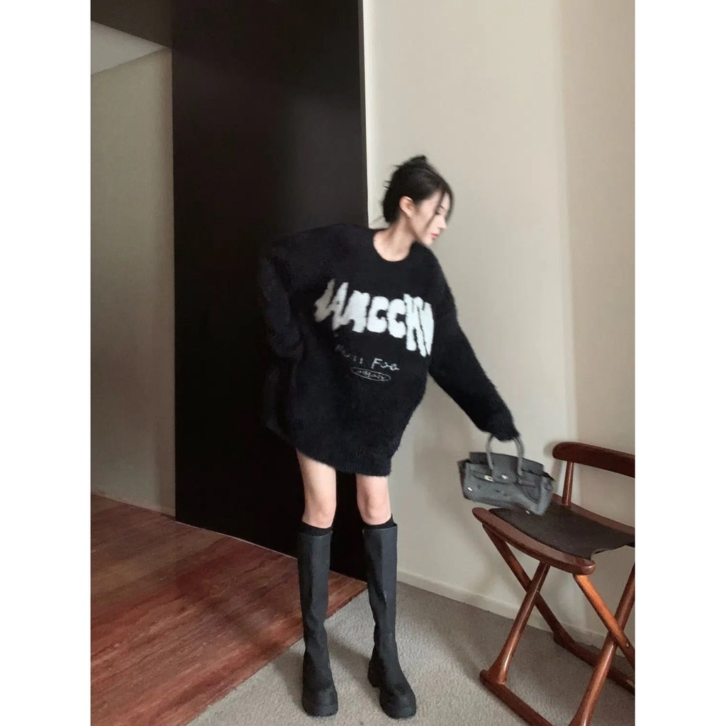 Jiashucheng Áo Sweater Dáng Rộng Mềm Mại In Chữ Phong Cách Hàn Quốc Thời Trang Thu Đông Cho Nữ