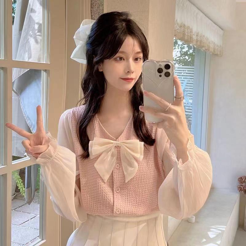 Jiashucheng Áo Sơ Mi Tay Dài Phồng Cổ Chữ V Thắt Nơ Phong Cách Thời Trang Mới 2023