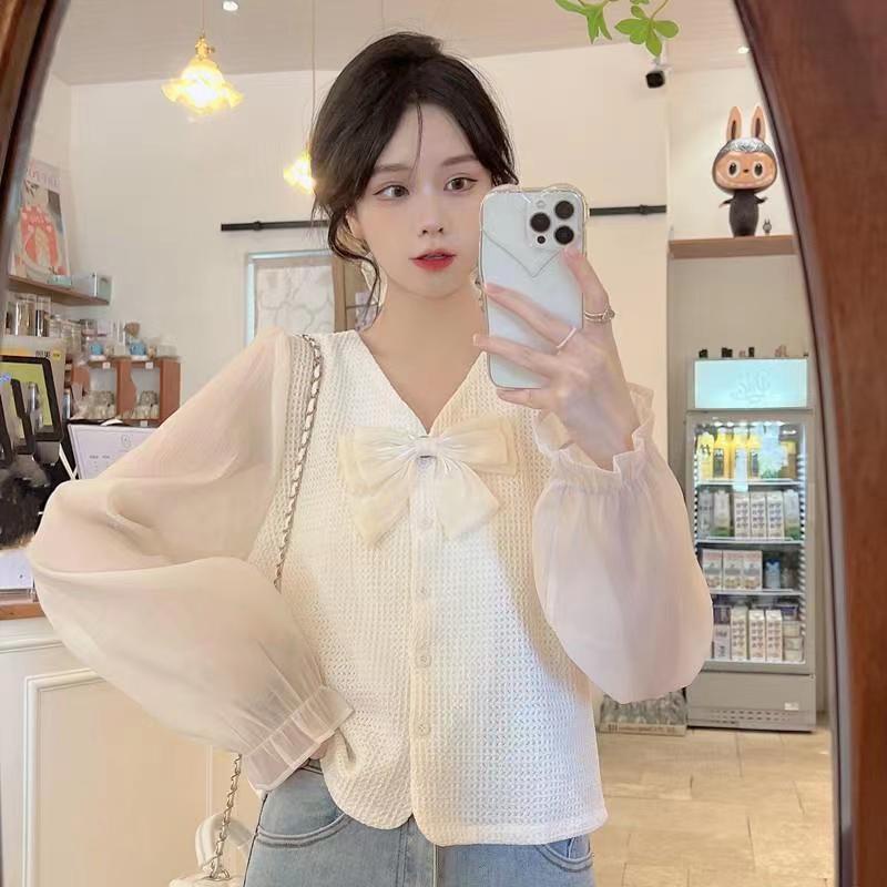 Jiashucheng Áo Sơ Mi Tay Dài Phồng Cổ Chữ V Thắt Nơ Phong Cách Thời Trang Mới 2023