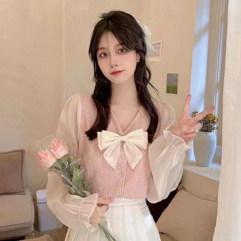 Jiashucheng Áo Sơ Mi Tay Dài Phồng Cổ Chữ V Thắt Nơ Phong Cách Thời Trang Mới 2023