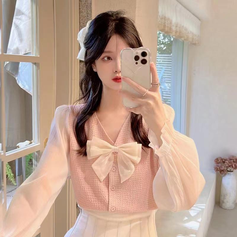 Jiashucheng Áo Sơ Mi Tay Dài Phồng Cổ Chữ V Thắt Nơ Phong Cách Thời Trang Mới 2023