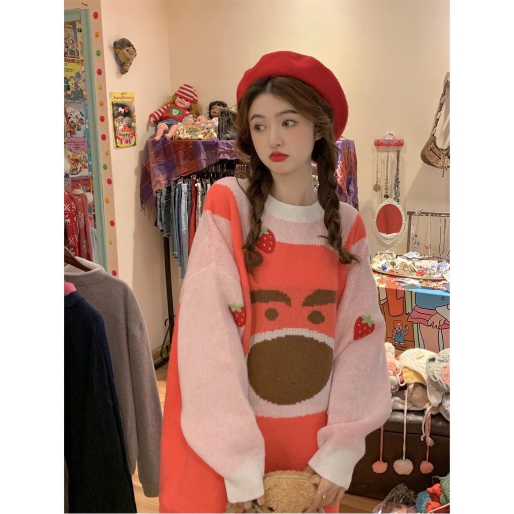 Jiashucheng Áo Sweater Dệt Kim Dáng Rộng Họa Tiết Gấu Dâu Tây Hoạt Hình Thời Trang Thu Đông Dành Cho Nữ