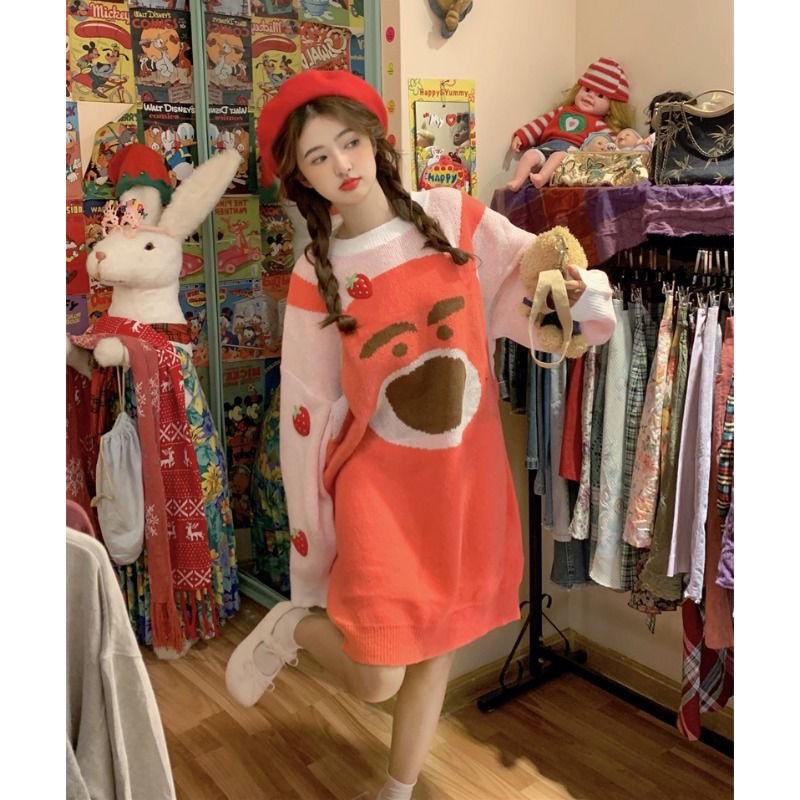 Jiashucheng Áo Sweater Dệt Kim Dáng Rộng Họa Tiết Gấu Dâu Tây Hoạt Hình Thời Trang Thu Đông Dành Cho Nữ
