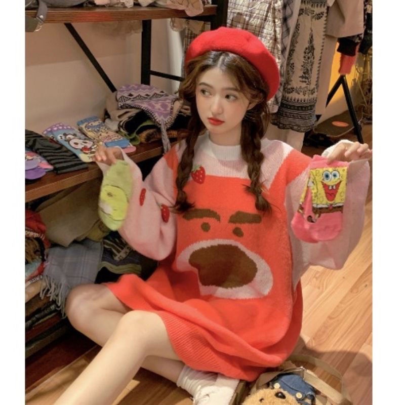 Jiashucheng Áo Sweater Dệt Kim Dáng Rộng Họa Tiết Gấu Dâu Tây Hoạt Hình Thời Trang Thu Đông Dành Cho Nữ