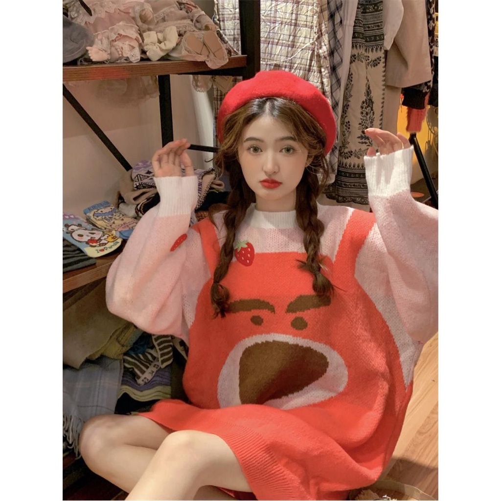 Jiashucheng Áo Sweater Dệt Kim Dáng Rộng Họa Tiết Gấu Dâu Tây Hoạt Hình Thời Trang Thu Đông Dành Cho Nữ