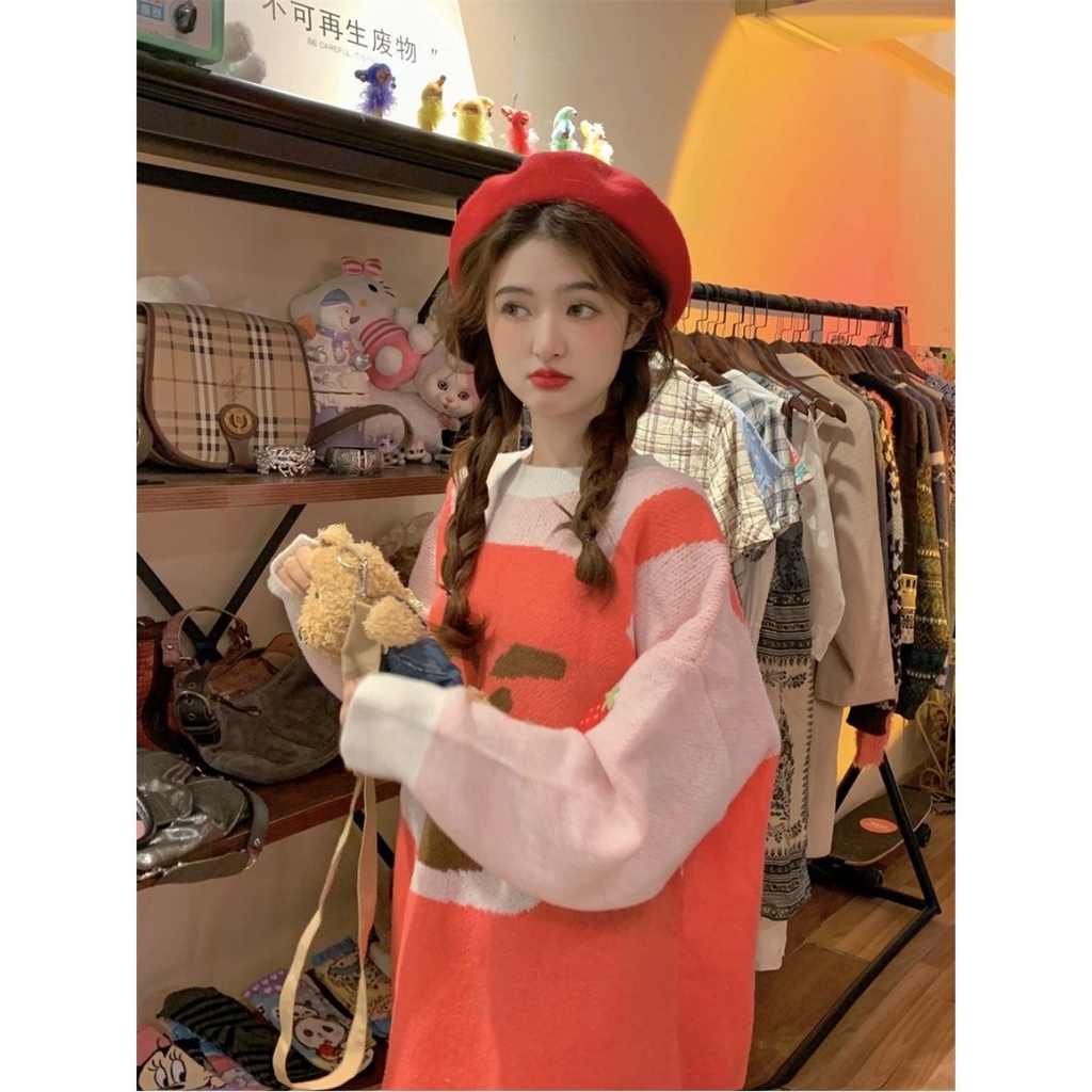 Jiashucheng Áo Sweater Dệt Kim Dáng Rộng Họa Tiết Gấu Dâu Tây Hoạt Hình Thời Trang Thu Đông Dành Cho Nữ