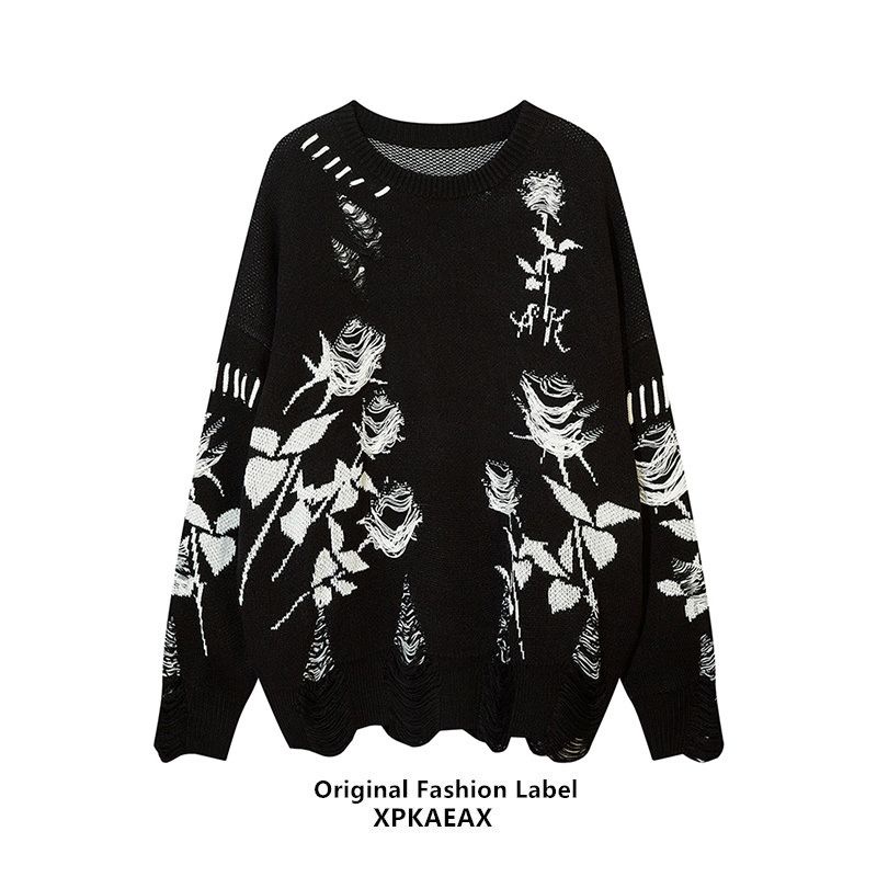 Jiashucheng Áo Sweater Dáng Rộng Rách Lỗ Hình Hoa Hồng Jacquard Niche Chính Hãng Cổ Điển Cho Cặp Đôi