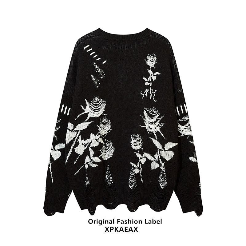 Jiashucheng Áo Sweater Dáng Rộng Rách Lỗ Hình Hoa Hồng Jacquard Niche Chính Hãng Cổ Điển Cho Cặp Đôi