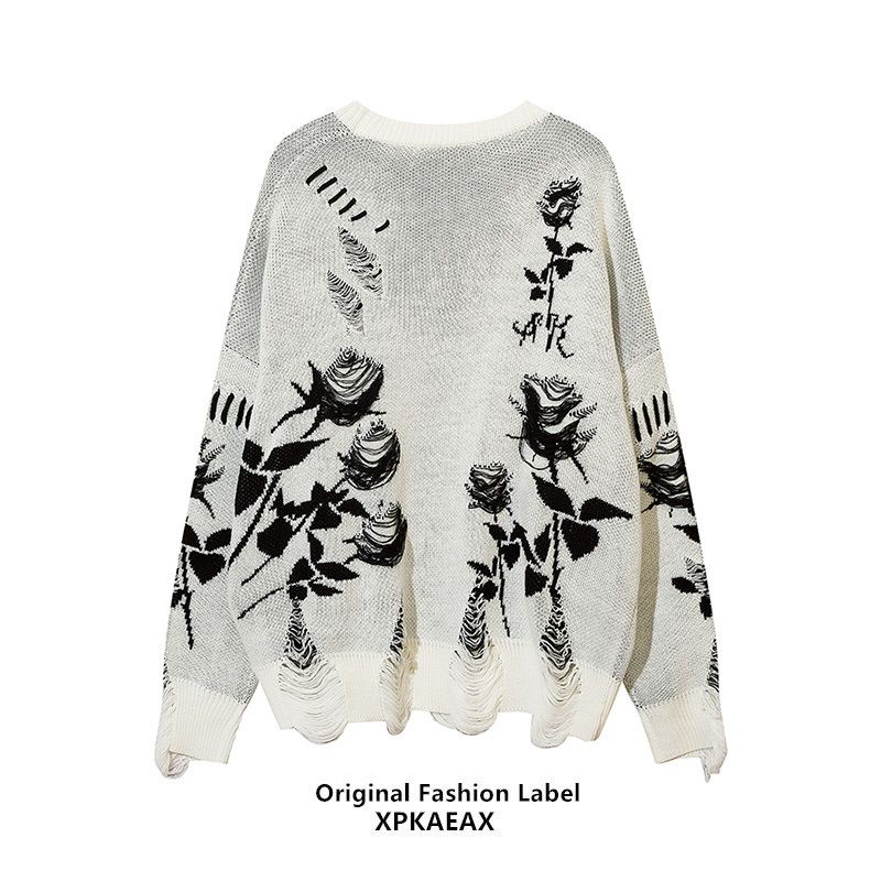 Jiashucheng Áo Sweater Dáng Rộng Rách Lỗ Hình Hoa Hồng Jacquard Niche Chính Hãng Cổ Điển Cho Cặp Đôi