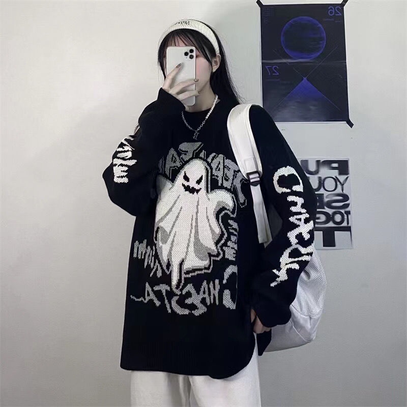 Jiashucheng Áo Sweater Thiết Kế Dày Dặn Dáng Rộng In Chữ Ghost Thời Trang Mùa Thu Phong Cách Harajuku Mới Cho Nữ