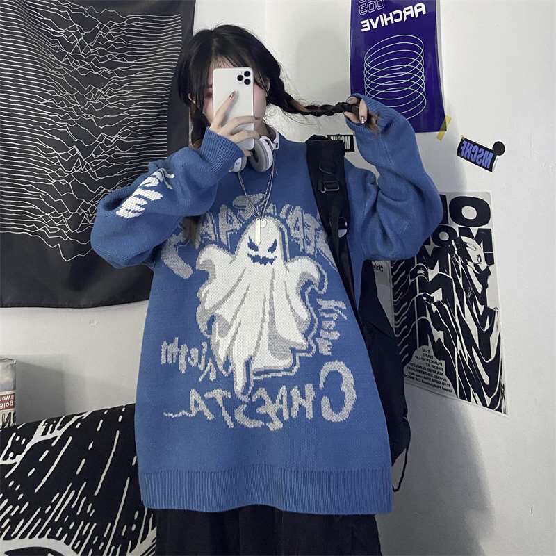 Jiashucheng Áo Sweater Thiết Kế Dày Dặn Dáng Rộng In Chữ Ghost Thời Trang Mùa Thu Phong Cách Harajuku Mới Cho Nữ