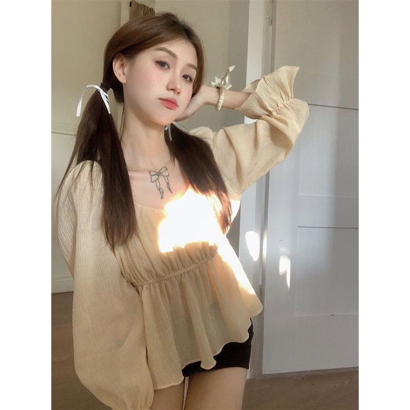 Jiashucheng Áo Tay Dài Cổ Vuông Phong Cách Phương Tây Thời Trang Mùa Xuân 2023 Mới Cho Nữ