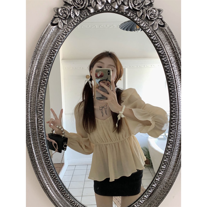 Jiashucheng Áo Tay Dài Cổ Vuông Phong Cách Phương Tây Thời Trang Mùa Xuân 2023 Mới Cho Nữ