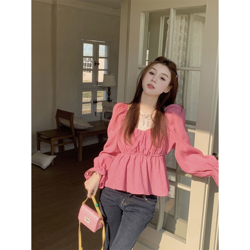 Jiashucheng Áo Tay Dài Cổ Vuông Phong Cách Phương Tây Thời Trang Mùa Xuân 2023 Mới Cho Nữ