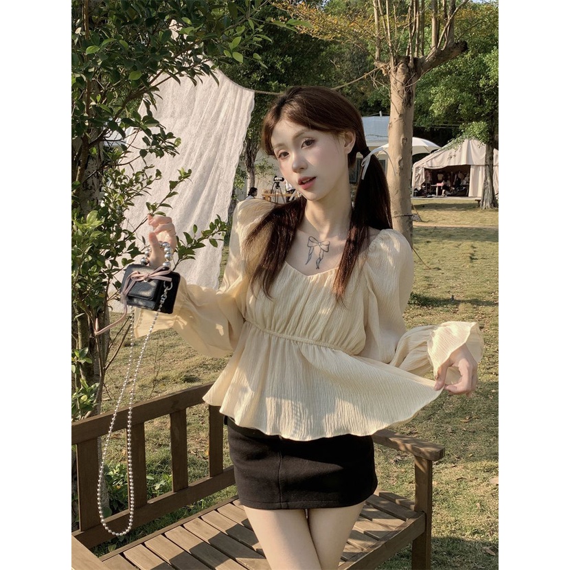 Jiashucheng Áo Tay Dài Cổ Vuông Phong Cách Phương Tây Thời Trang Mùa Xuân 2023 Mới Cho Nữ