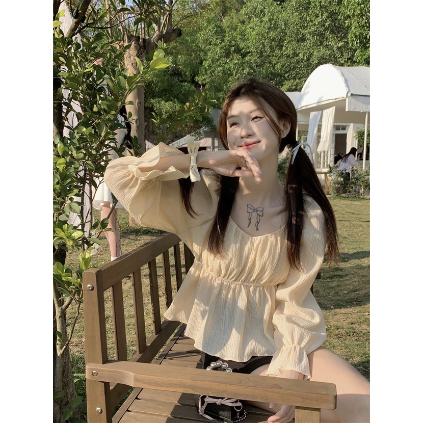 Jiashucheng Áo Tay Dài Cổ Vuông Phong Cách Phương Tây Thời Trang Mùa Xuân 2023 Mới Cho Nữ