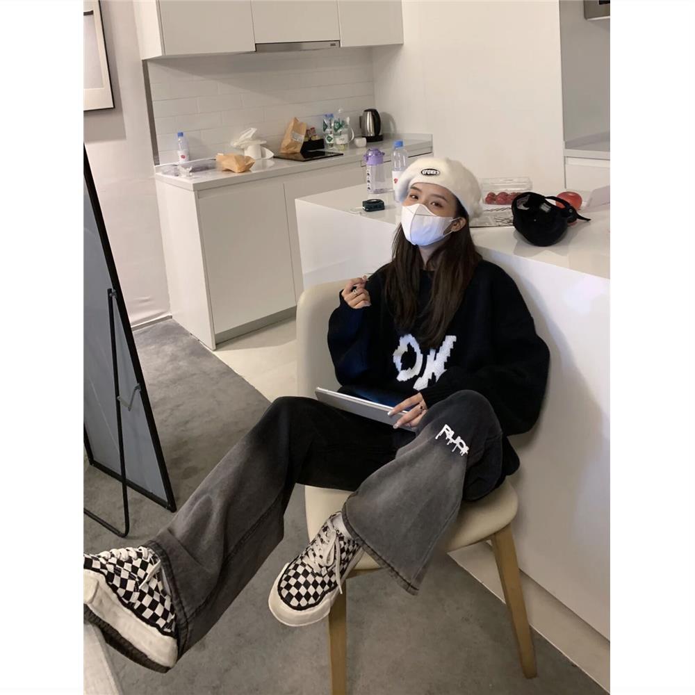 Jiashucheng Áo Sweater Cổ Tròn Dáng Rộng In Chữ Kiểu Retro Hàn Quốc Thời Trang Thu Đông Ấm Áp Cho Nữ