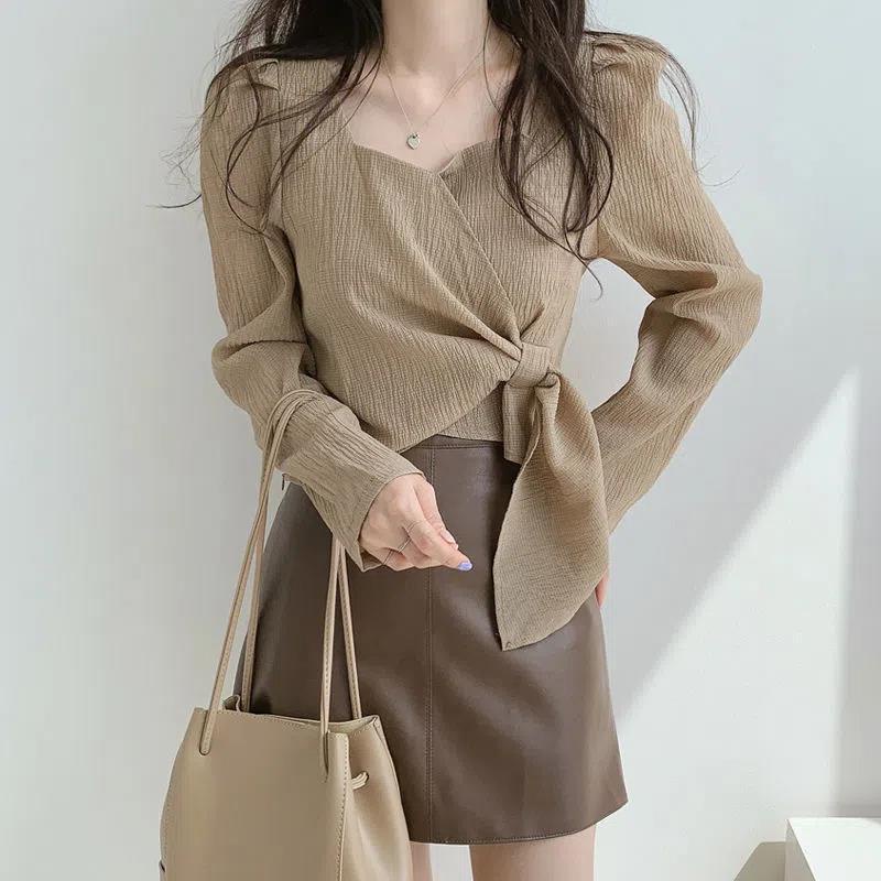 Jiashucheng Áo Kiểu Tay Phồng Cổ Vuông Cột Dây Thời Trang Hàn Quốc 2023 Cho Nữ