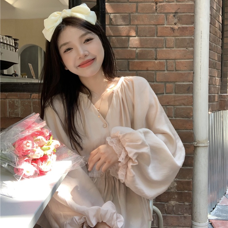 Jiashucheng Áo Sơ Mi Chiffon Tay Dài Phồng Cổ Chữ V Thiết Kế Dáng Rộng Thời Trang Xuân Hè Mới Cho Nữ