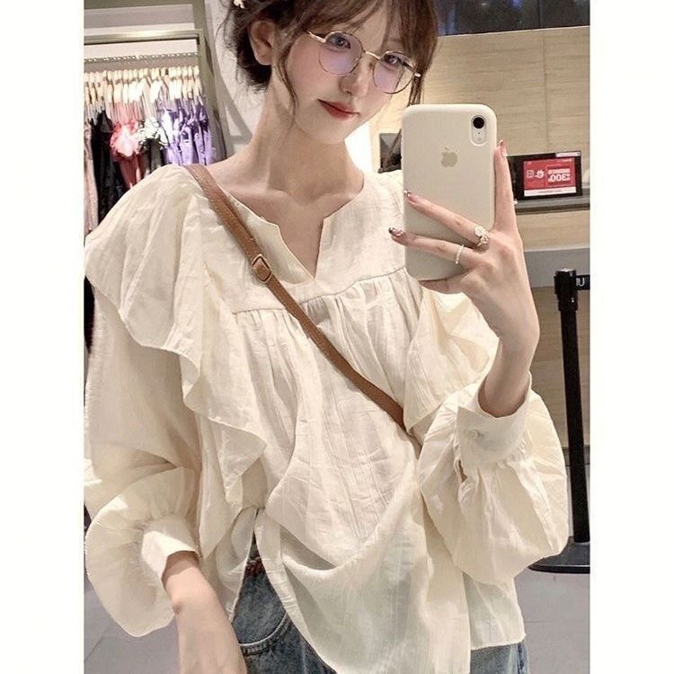 Jiashucheng Áo Kiểu Xếp Ly Tay Phồng Cổ Bèo Siêu Nữ Tính Thời Trang Thu Đông Hàn Quốc