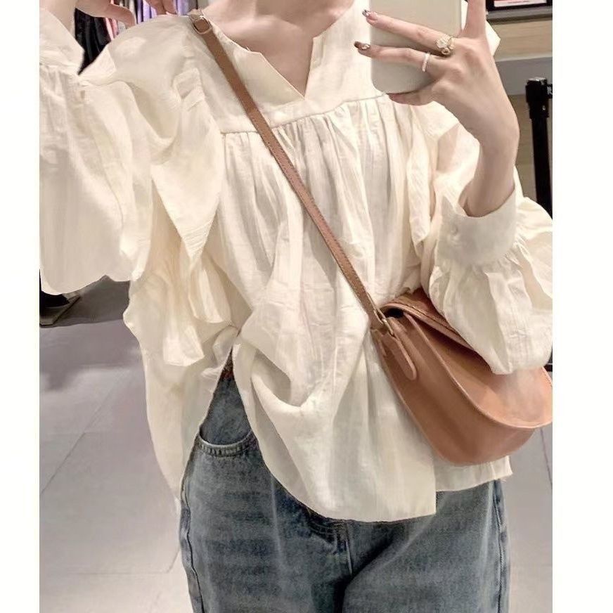 Jiashucheng Áo Kiểu Xếp Ly Tay Phồng Cổ Bèo Siêu Nữ Tính Thời Trang Thu Đông Hàn Quốc