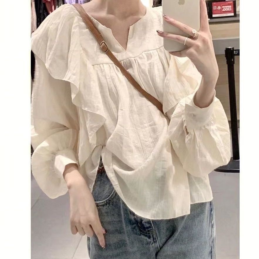 Jiashucheng Áo Kiểu Xếp Ly Tay Phồng Cổ Bèo Siêu Nữ Tính Thời Trang Thu Đông Hàn Quốc