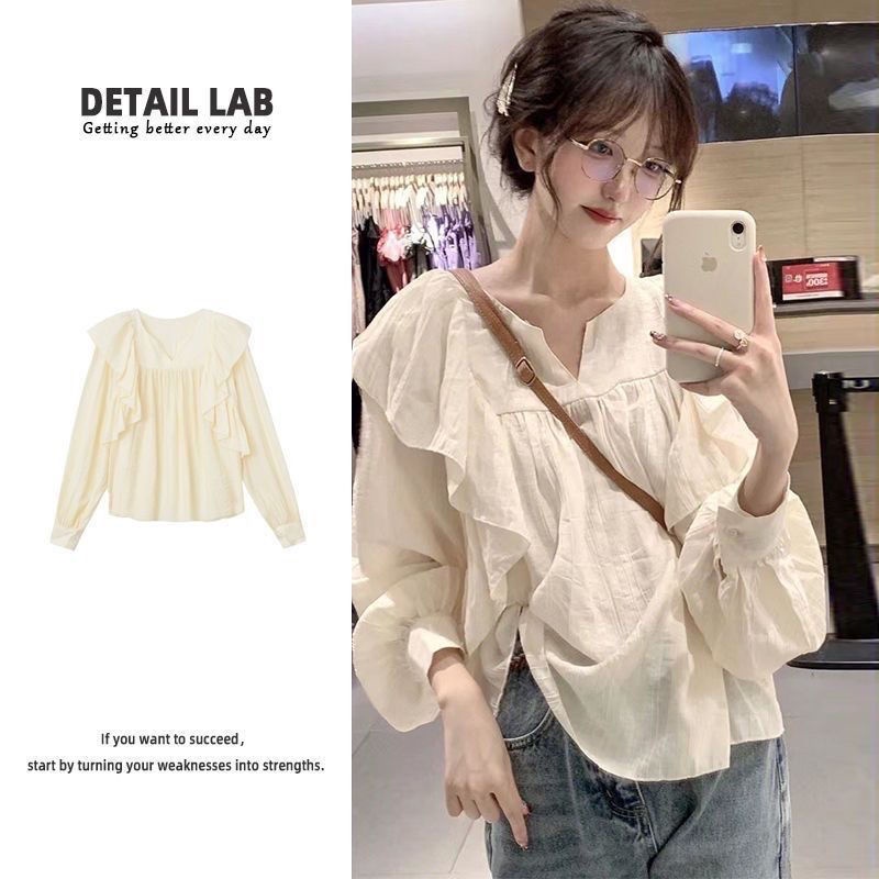 Jiashucheng Áo Kiểu Xếp Ly Tay Phồng Cổ Bèo Siêu Nữ Tính Thời Trang Thu Đông Hàn Quốc