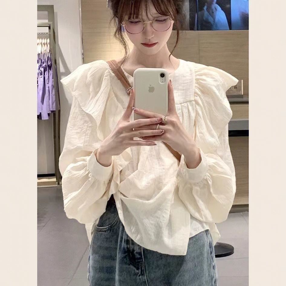 Jiashucheng Áo Kiểu Xếp Ly Tay Phồng Cổ Bèo Siêu Nữ Tính Thời Trang Thu Đông Hàn Quốc