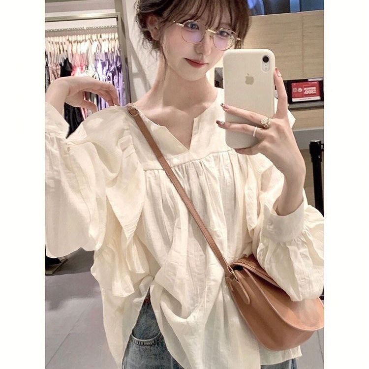 Jiashucheng Áo Kiểu Xếp Ly Tay Phồng Cổ Bèo Siêu Nữ Tính Thời Trang Thu Đông Hàn Quốc
