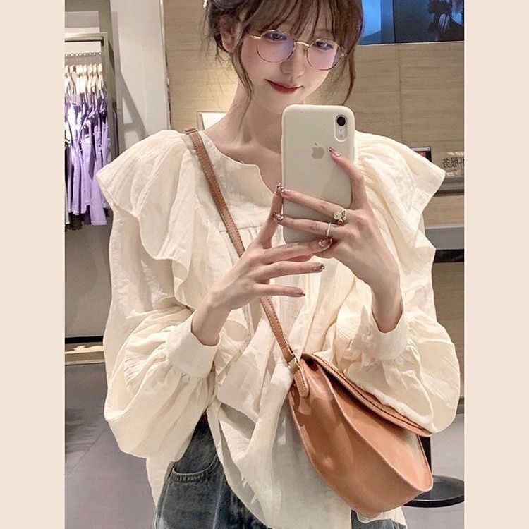 Jiashucheng Áo Kiểu Xếp Ly Tay Phồng Cổ Bèo Siêu Nữ Tính Thời Trang Thu Đông Hàn Quốc