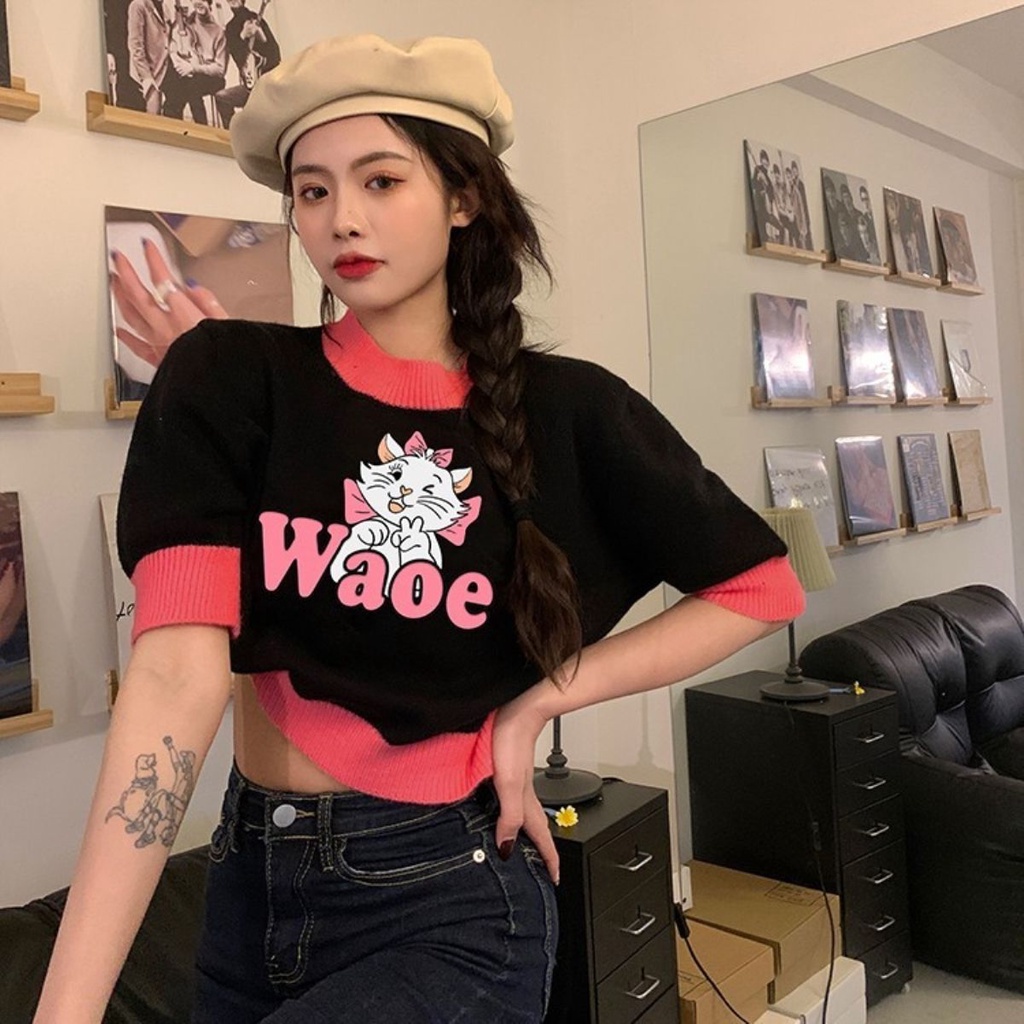 Jiashucheng Áo Sweater Ngắn Tay In Hình Mèo Hoạt Hình Màu Tương Phản Thời Trang Mùa Hè Cho Nữ