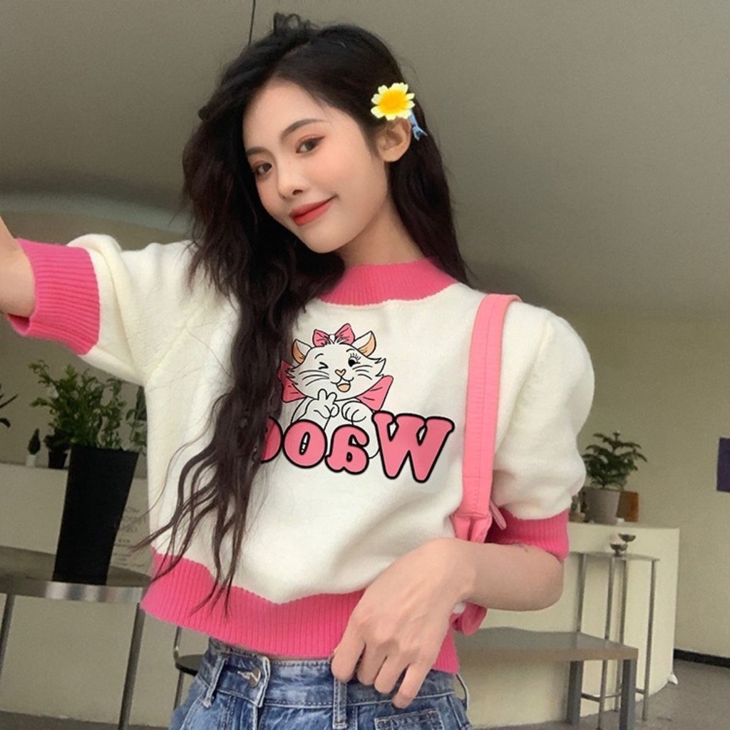 Jiashucheng Áo Sweater Ngắn Tay In Hình Mèo Hoạt Hình Màu Tương Phản Thời Trang Mùa Hè Cho Nữ