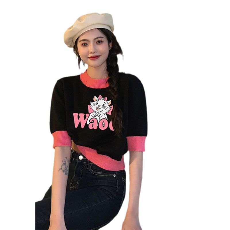 Jiashucheng Áo Sweater Ngắn Tay In Hình Mèo Hoạt Hình Màu Tương Phản Thời Trang Mùa Hè Cho Nữ