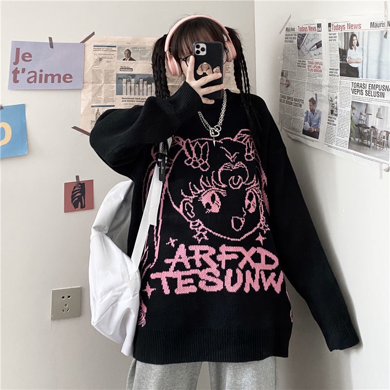Jiashucheng Áo Sweater Dệt Kim Cổ Tròn Dáng Rộng In Chữ Hoạt Hình Kiểu Hàn Quốc Thời Trang Thu Đông Cho Học Sinh