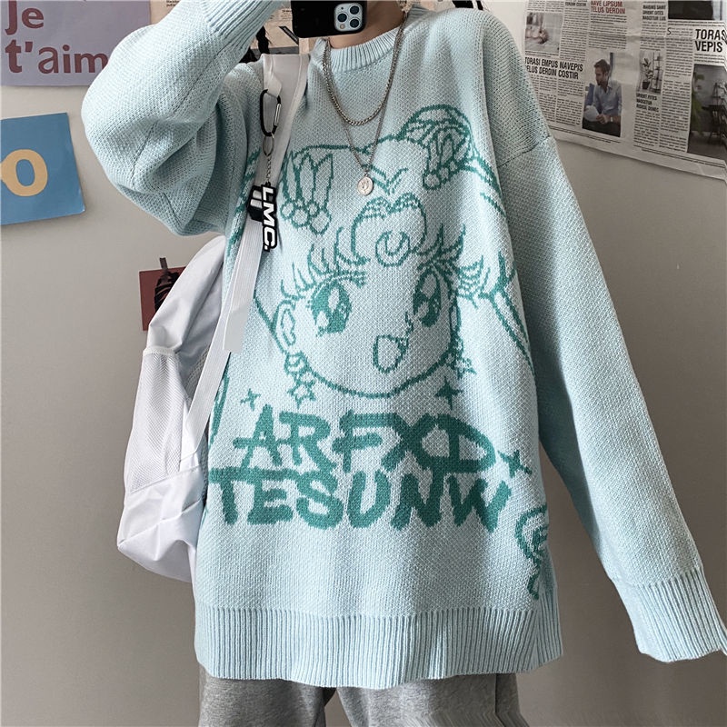 Jiashucheng Áo Sweater Dệt Kim Cổ Tròn Dáng Rộng In Chữ Hoạt Hình Kiểu Hàn Quốc Thời Trang Thu Đông Cho Học Sinh