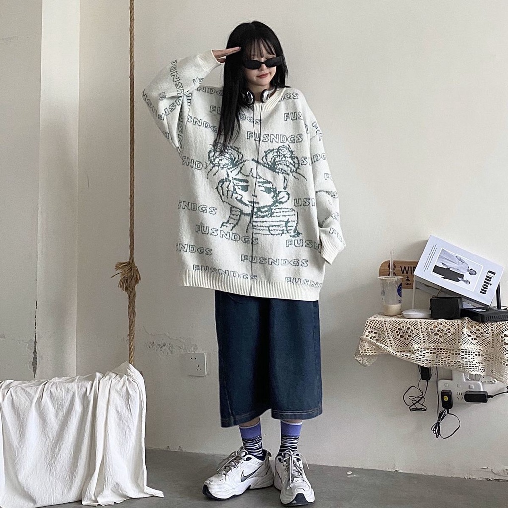 Jiashucheng Áo Sweater Dày Dặn Cổ Tròn Dáng Rộng In Chữ Hoạt Hình Thời Trang Thu Đông Cho Nữ