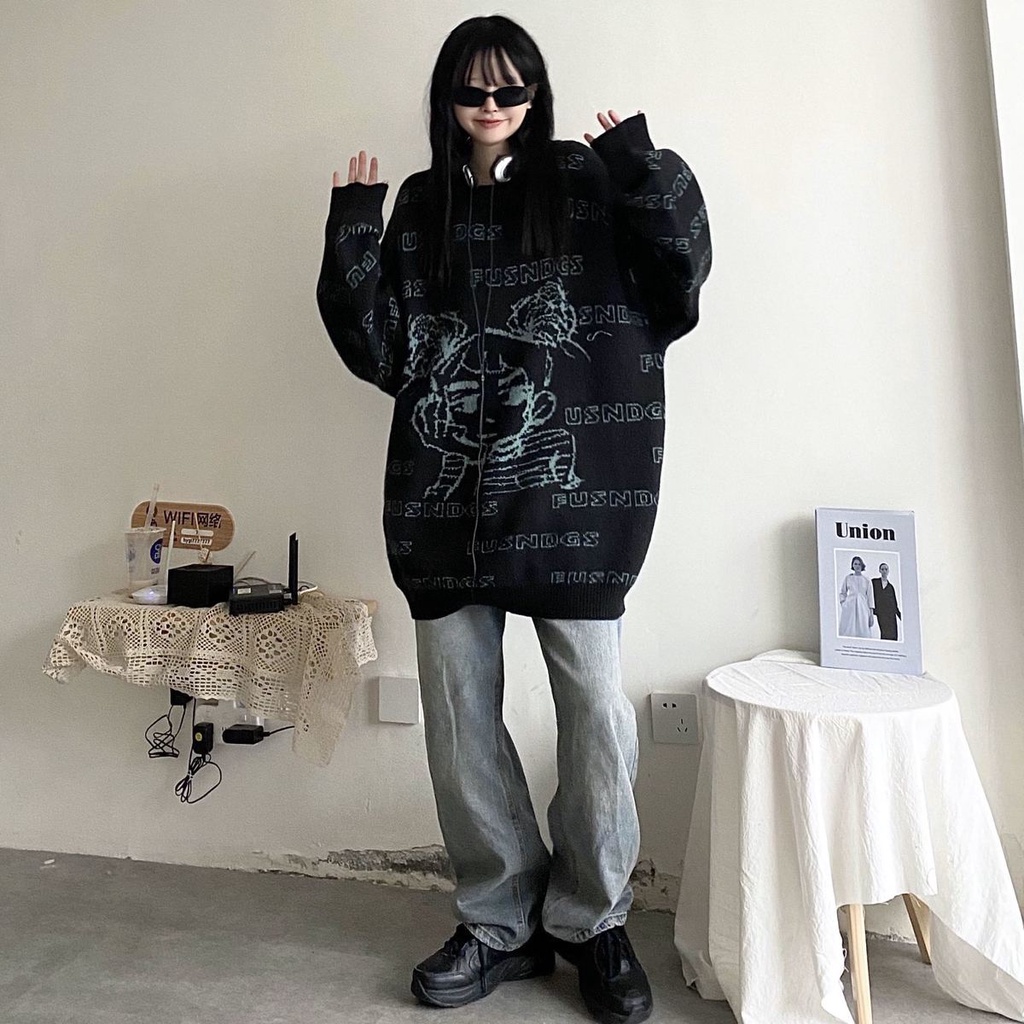 Jiashucheng Áo Sweater Dày Dặn Cổ Tròn Dáng Rộng In Chữ Hoạt Hình Thời Trang Thu Đông Cho Nữ